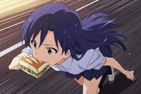 anime screencap, anime coloring, detailed face, masterpiece, best quality, very aesthetic, absurdres, volumetric lighting,
<lora:Chihaya_Kisaragi_The_iDOLMSTER_2011_anime_art_style_-_Illustrious:1>
outside, on a running trail,
Chihaya Kisaragi (character), kisaragi chihaya, 1girl, solo, blue hair, long hair, brown eyes, Chihaya school uniform outfit, full body shot,
running, expressive eyes, sweating, mouth open, motion lines, motion blur, sideview, (a sandwich is in girl's mouth)