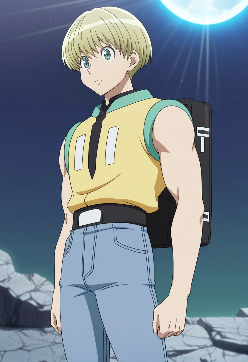 masterpiece, best quality, anime screencap, official style, anime coloring, cowboy shot, 1boy, solo, male focus, <lora:shalnark_ryuseih_ilxl:0.92>, shalnark_ryuseih, blonde hair, green eyes, short hair, bangs, , moon landing, astronauts on rocky surface, flag planted, distant Earth view, standing pose, awe-struck expression, stark sunlight, Motorcycle jeans, Tribal Denim shirt, , Newsboy cap, Travel Bag