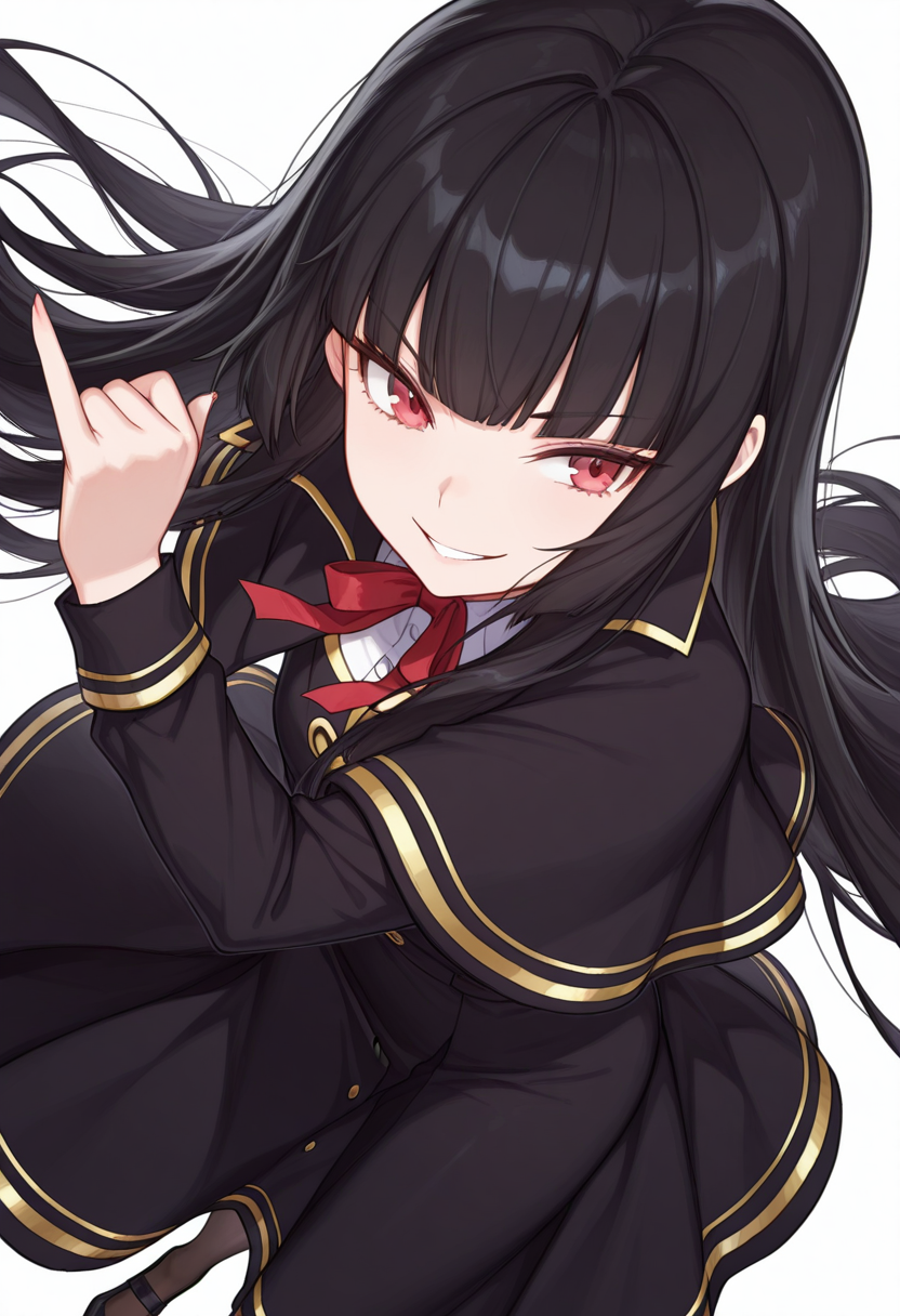 Smooth Quality,masterpiece,very intricate, high quality details, ultra realistic, high detailed skin,detailed enviorement,absurdres,
pinky out,
 <lora:Atre_CNR:0.8> atre_cnr, 1girl, black hair, very long hair,blunt bangs, red eyes,black dress,black capelet, pantyhose, long sleeves, ribbon, shoes,, simple background, white background, sideways,solo,, evil grin,