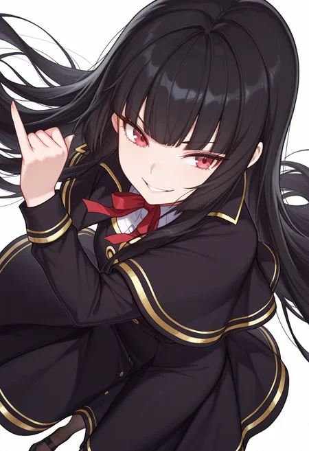 Smooth Quality,masterpiece,very intricate, high quality details, ultra realistic, high detailed skin,detailed enviorement,absurdres,
pinky out,
 <lora:Atre_CNR:0.8> atre_cnr, 1girl, black hair, very long hair,blunt bangs, red eyes,black dress,black capelet, pantyhose, long sleeves, ribbon, shoes,, simple background, white background, sideways,solo,, evil grin,