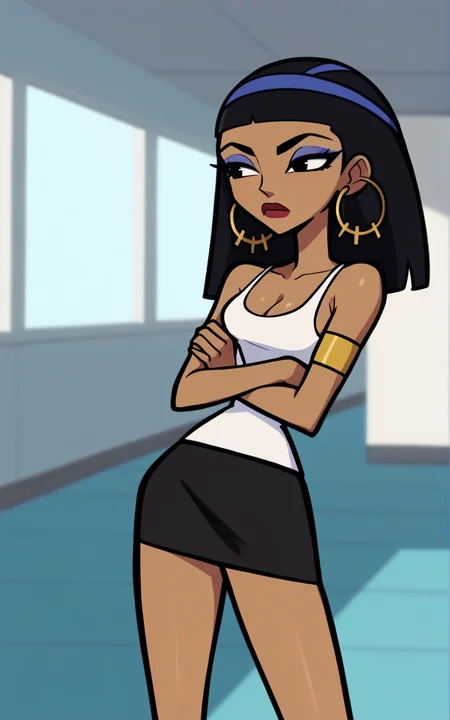 best quality, absurdres, <lora:BolivanteStyleITS:0.5>,  <lora:CCHITS:0.8>, CCHITS,  skirt, miniskirt, black skirt, tank top, white tank top, cleavage, armlet, jewelry, hoop earrings, hairband, black hair, breasts, makeup, eyeshadow, black eyes, dark-skinned female, no ears, slim, skinny, medium hair, straight hair, standing, solo,school lockers,school hallway, cross arms