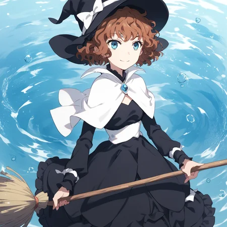 anime coloring, score_9, score_8_up, score_7_up, score_6_up, mallybath blackbell, toaru, 1girl, solo, hat, short hair, blue eyes, broom, brown hair, dress, smile, black headwear, jewelry, black dress, bow, capelet