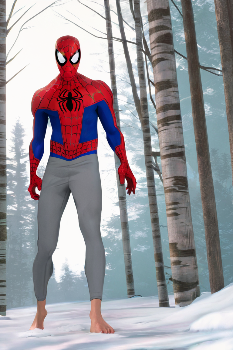 masterpiece, best quality, highres, newest, spider-man, 1boy, solo, male focus, mask, covered eyes, no pupils, print bodysuit, spider web print, spider print, red bodysuit, blue bodysuit, two-tone bodysuit, grey pants, looking at viewer, standing, full body, barefoot, outdoors, forest, birch tree, snow <lora:Spider-Man (Peter B. Parker) v1.1 Updated [LoRA] - NoobAI-XL EPS 1.0:0.8>