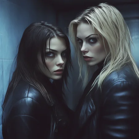 ArsMovieStill, movie still from a gritty, high-contrast 2000s crime thriller movie, The image shows a man and a woman standing next to each other in a room both wearing black jackets. The background is blurred giving the image a dreamy ethereal feel., 1girl, 1boy, blonde hair, realistic, blue eyes, blurry, long hair, lips, blurry background, depth of field