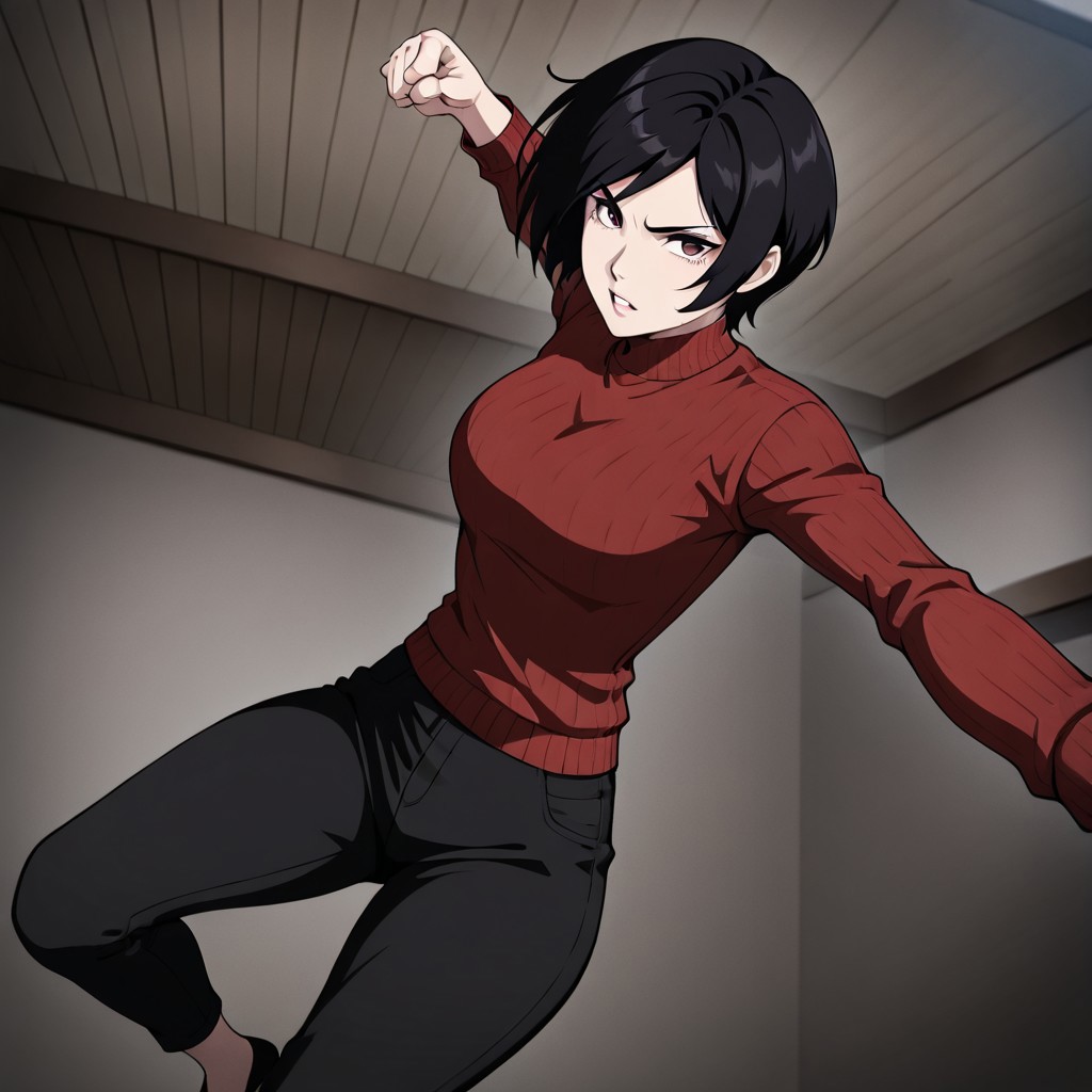 masterpiece, best quality, newest, absurdres, highres, 
anime, anime style, MPPV1.0, incoming attack, incoming punch, midair, 
1girl, Ada_wong, \(resident evil\), asian, asian female, short hair, black hair, sweater, red sweater,
