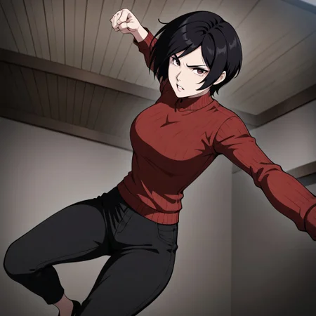 masterpiece, best quality, newest, absurdres, highres,
anime, anime style, MPPV1.0, incoming attack, incoming punch, midair,
1girl, Ada_wong, \(resident evil\), asian, asian female, short hair, black hair, sweater, red sweater,