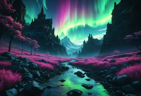 gothic style In the Temporal Rift crossing the Streams of Eternity, long shot, pretty landscape with unearthly aurora on the background, Anime style photo, Manga style, Digital art, glow effects, Hand drawn, render, 8k, octane render, cinema 4d, blender, dark, atmospheric 4k ultra detailed, cinematic sensual, Sharp focus, humorous illustration, hyperrealistic, big depth of field, Masterpiece, colors, 3d octane render, 4k, concept art, trending on artstation, hyperrealistic, Vivid colors, (embedding:dw01-3400:0.8), morph-aurora