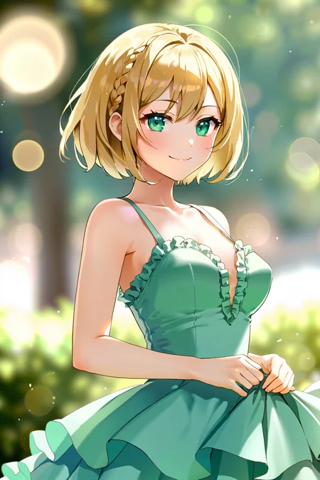 masterpiece, best quality, absurdres, solo,
short hair, bob cut, blonde hair, green eyes, medium breasts, dress, frills, smile,
simple background, bokeh, blurry background,