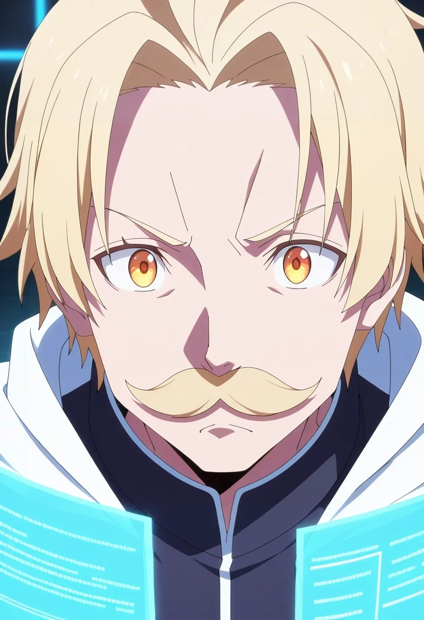 masterpiece, best quality, anime screencap, anime coloring, official style, , , 1boy, male focus, amber eyes, natural blonde hair, short mustache,, solo, digital archive, glowing data streams, pixel displays, holographic records, researching pose, concentrated expression, cyber light, <lora:tensura_style_ilxl:1>, tensura_style,