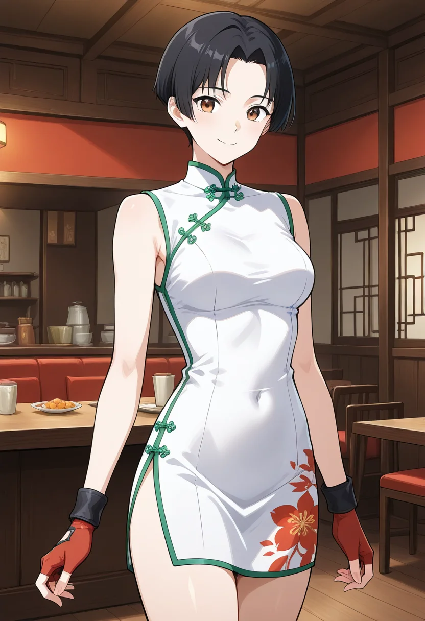 1girl, solo, linroninsoul, black hair, very short hair, parted bangs, brown eyes, white dress, short dress, green trim, sleeveless, red fingerless gloves, chinese clothes, side slit, red floral print, indoors, restaurant, smile, cowboy shot, standing, looking at viewer,