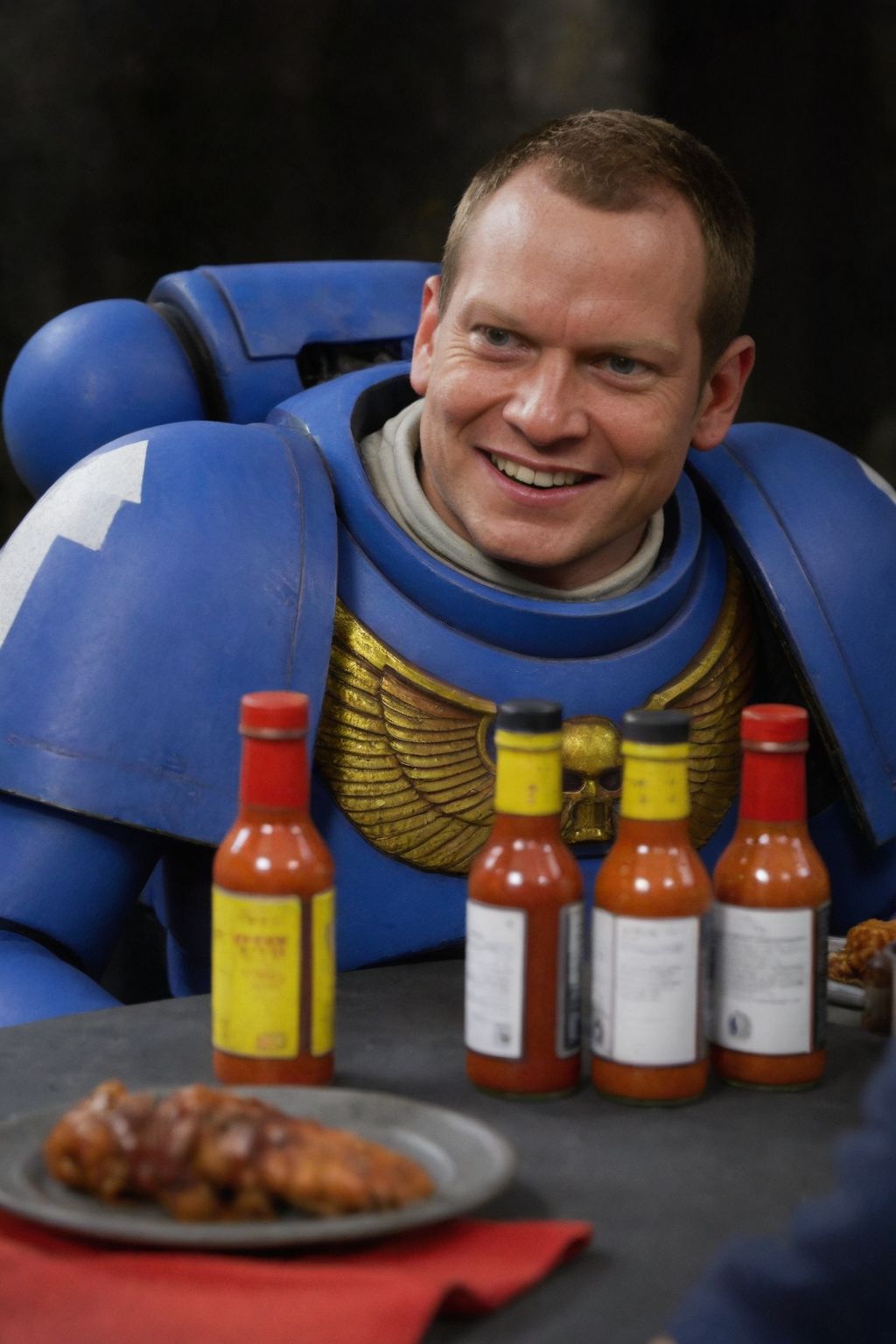 a blue spacemarine robot, post apocalyptic war background, hotones, closeup, 1boy, solo, sitting, bottles of hot sauce, plate of hot wings on table,  red napkin in lap, white shirt, blue sweater, looking at someone, smiling