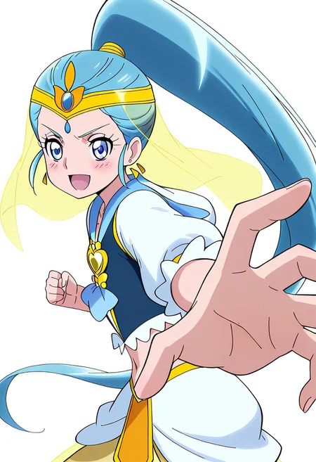 score_9, score_8_up, score_7_up, ASCII score_9, source_anime, 8K,best quality, hyper detailed,masterpiece, UHD,illustration, happiness charge precure, cure nile, 1girl, solo, blue eyes, blue hair, jewelry, long hair, navel, open mouth, midriff, ponytail, skirt, magical girl, veil, see-through, tiara, anime art style, <lora:pepe-punch-illustriousxl-lora-nochekaiser:1>, pepe punch, looking at viewer, blush, smile, simple background, closed mouth, clenched fist, foreshortening, punching, incoming punch, incoming attack
