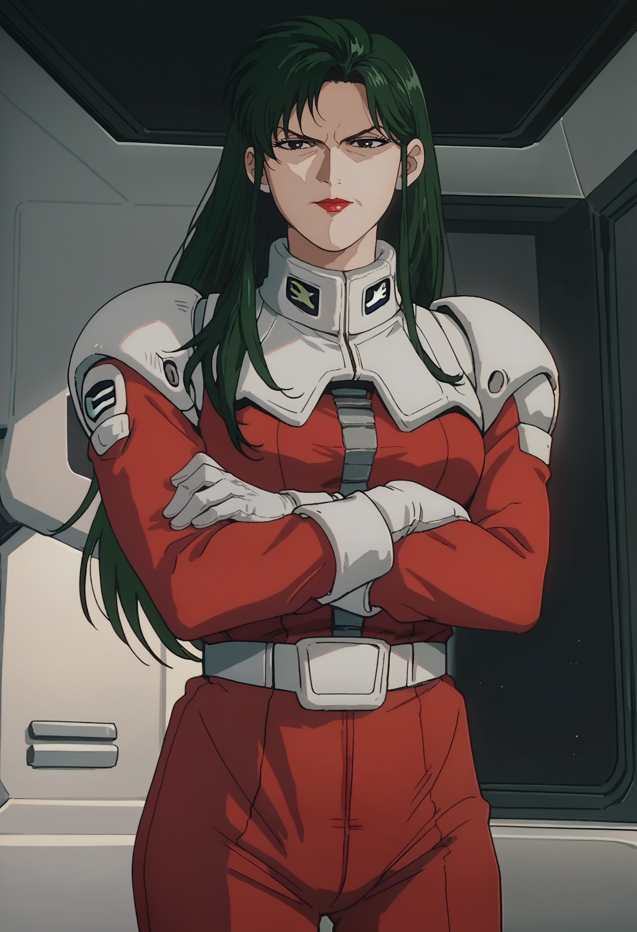 score_9, score_8_up, score_7_up, score_6_up, anime screencap, anime coloring,  <lora:CimaGarahau_epoch_7:0.7>, CimaGarahauP, long hair, green hair, lipstick, black eyes,
spacesuit, red shirt, red pants, white gloves,
looking at viewer, crossed arms, cowboy shot,