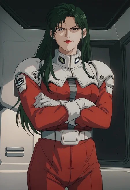 score_9, score_8_up, score_7_up, score_6_up, anime screencap, anime coloring,  <lora:CimaGarahau_epoch_7:0.7>, CimaGarahauP, long hair, green hair, lipstick, black eyes,
spacesuit, red shirt, red pants, white gloves,
looking at viewer, crossed arms, cowboy shot,
