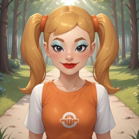score_9, score_8, BREAK, solo, mii, wii, wii sports, 1girl, female mii, cute, attractive, blonde hair, twintails, dark blonde eyebrows, makeup, blush, blue eyeshadow, red lips, lipstick, orange clothing, white pants, breasts, Nintendo Mii, modern_mii, classic_mii, Midoriya_(OC_Mii), black eyes sexy pose, smile, outdoors, sunlight, shadows, evening lighting, natural lighting, forest, trees, grass, orange sky, sunset