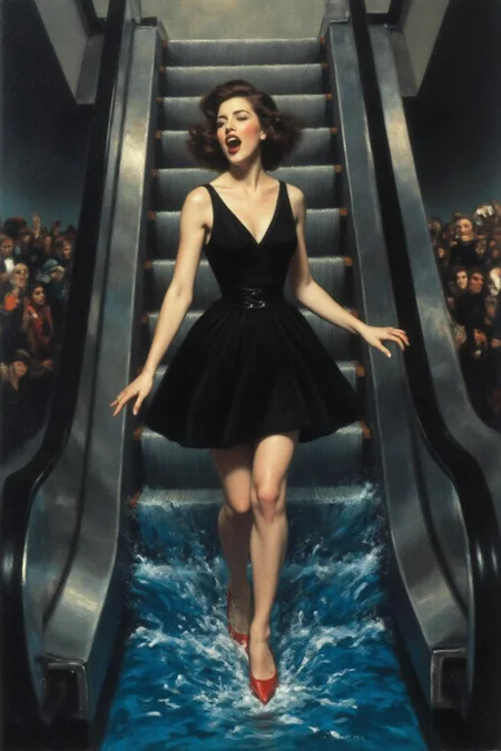 jore1 painting.
a woman in a chic little black dress and vibrant red high heels, gracefully descending an escalator. She wears black lipstick and is screaming. Her attire exudes elegance and sophistication, with the red heels providing a bold pop of color against the classic black dress. The escalator itself, typically found in a mall or airport, leads downwards into an unexpected and dreamlike destinationâ -- pool of rippling water. The water is blue and ripples as the escalator's steps disappear beneath the surface. The woman's posture is poised and confident, as she seems unperturbed by the unusual surroundings. The overall atmosphere is a blend of high fashion and surreal fantasy, capturing a moment that is both elegant and otherworldly, <lora:jore1_cap_d6a3e12:1.0><lora:818413556203540084:0>