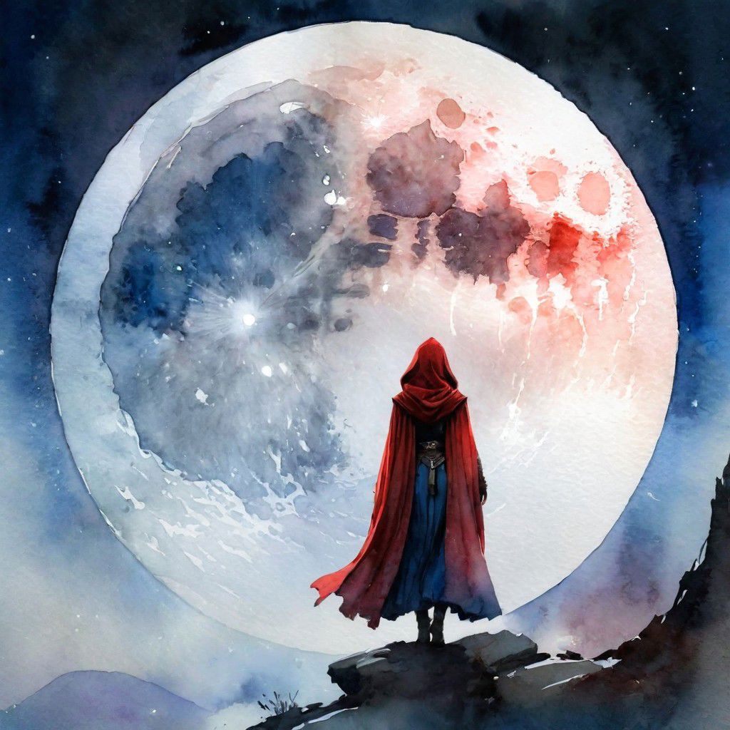 (masterpiece, best quality, absurdres, 4k, aesthetic, detailed, intricate), a woman standing in front of a full moon, concept art, inspired by Jakub Schikaneder, shutterstock contest winner, fantasy art, blue and red color scheme, looking through a portal, epic fantasy d & d hobbit rogue, woman silhouette, watercolor illustration style, wearing a flowing cloak, the ring, jedi fallen order teaser, highly detailed vector art, SplashHelper
