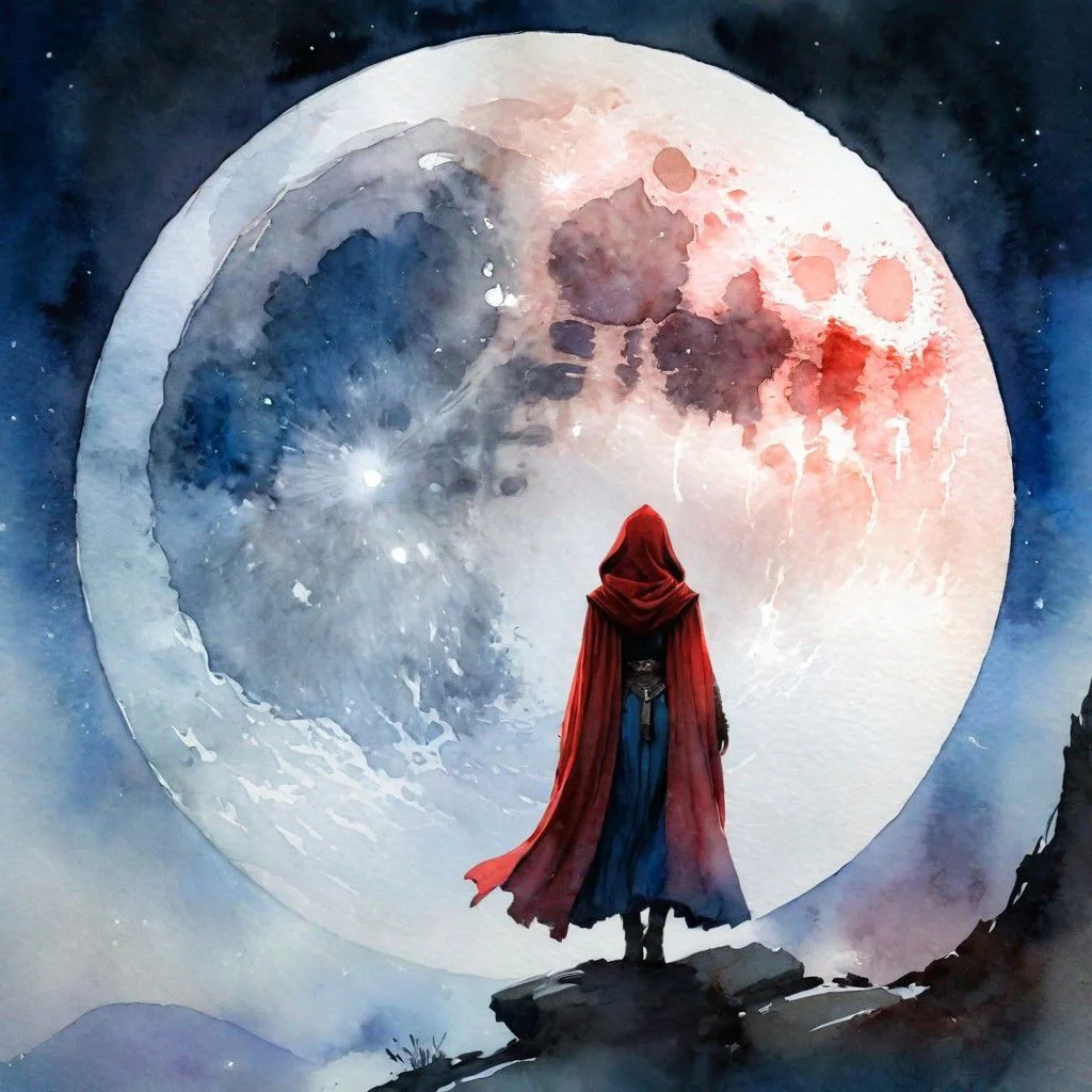 (masterpiece, best quality, absurdres, 4k, aesthetic, detailed, intricate), a woman standing in front of a full moon, concept art, inspired by Jakub Schikaneder, shutterstock contest winner, fantasy art, blue and red color scheme, looking through a portal, epic fantasy d & d hobbit rogue, woman silhouette, watercolor illustration style, wearing a flowing cloak, the ring, jedi fallen order teaser, highly detailed vector art, SplashHelper