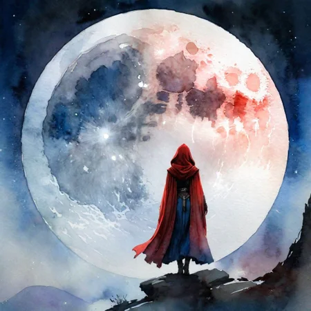 (masterpiece, best quality, absurdres, 4k, aesthetic, detailed, intricate), a woman standing in front of a full moon, concept art, inspired by Jakub Schikaneder, shutterstock contest winner, fantasy art, blue and red color scheme, looking through a portal, epic fantasy d & d hobbit rogue, woman silhouette, watercolor illustration style, wearing a flowing cloak, the ring, jedi fallen order teaser, highly detailed vector art, SplashHelper