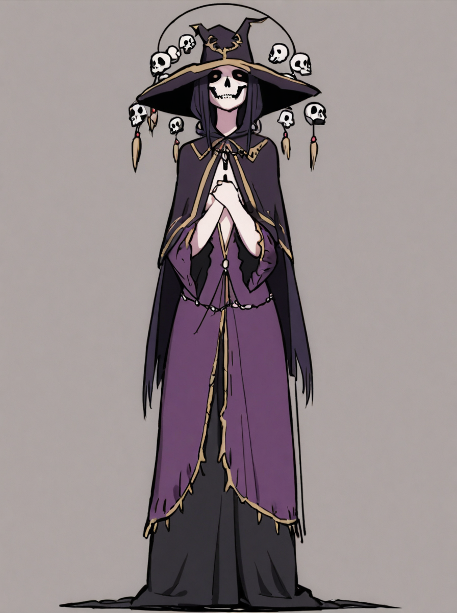 A sinister necromancer,with a circle of skulls hanging around their neck,wearing a purple cloak that reveals their chest,and long black pants that drag on the ground,<lora:kome:1>,simple background,full body,standing,