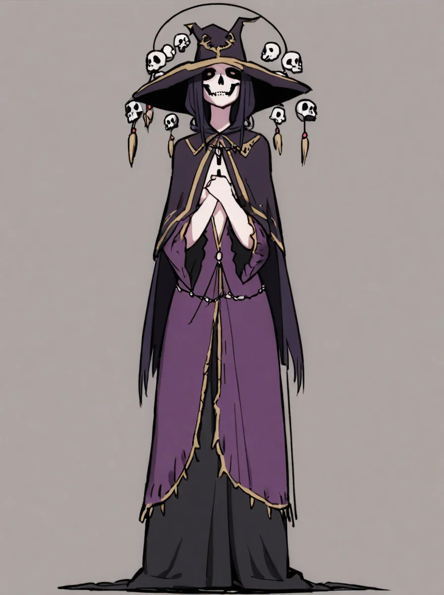 A sinister necromancer,with a circle of skulls hanging around their neck,wearing a purple cloak that reveals their chest,and long black pants that drag on the ground,<lora:kome:1>,simple background,full body,standing,
