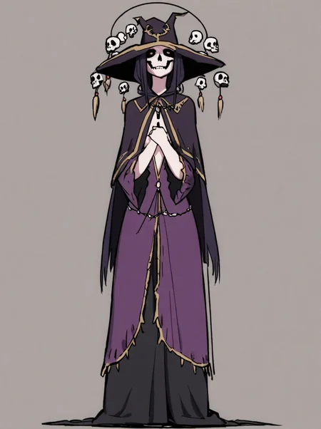 A sinister necromancer,with a circle of skulls hanging around their neck,wearing a purple cloak that reveals their chest,and long black pants that drag on the ground,<lora:kome:1>,simple background,full body,standing,