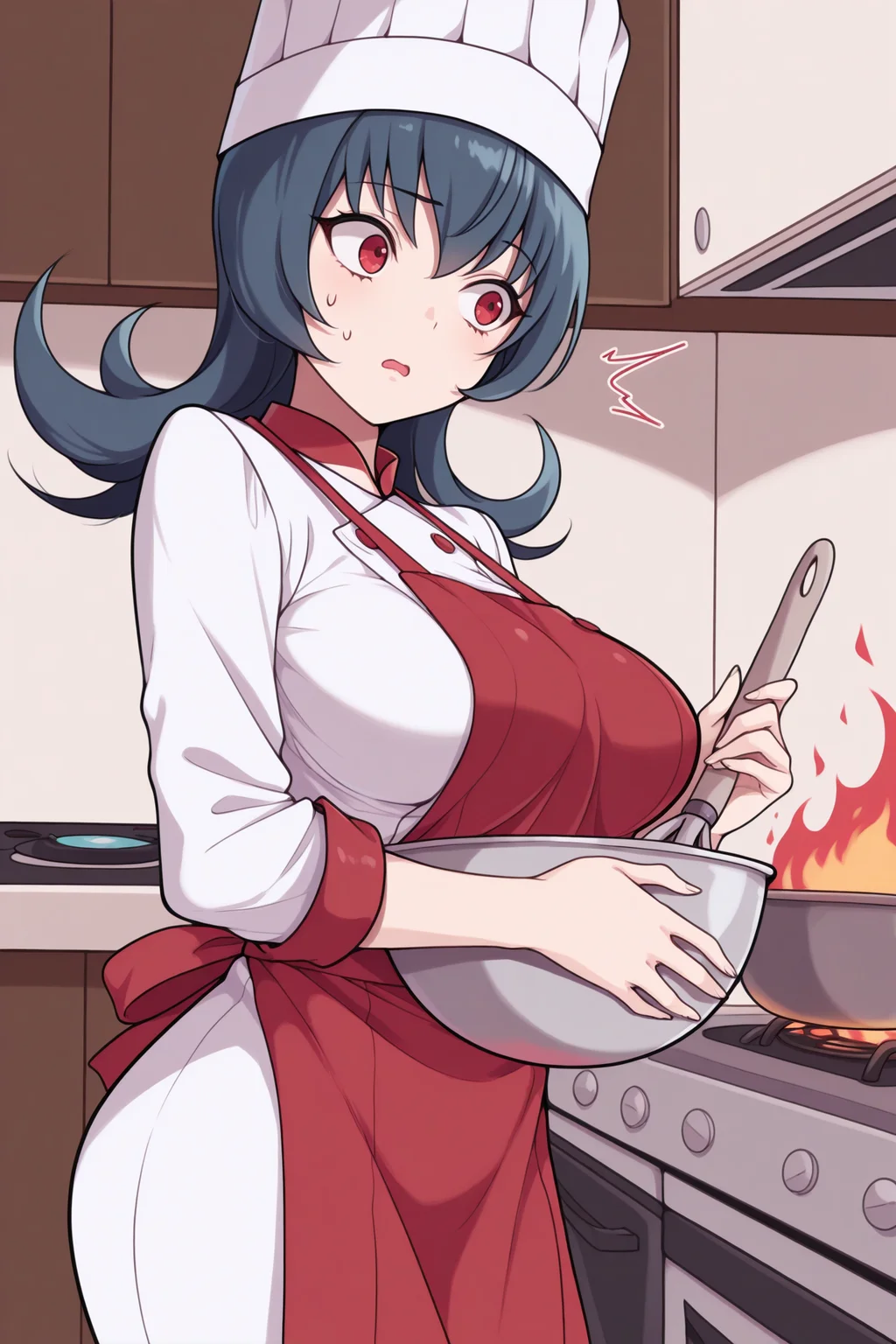 masterpiece, best quality, 1girl, solo, <lora:sabrina-illu-nvwls-v1-000006:1> hgsssab, dark blue hair, flipped hair, red eyes, large breasts, chef's hat, chef uniform, holding mixing bowl, apron, looking to the side, nervous, surprised, oven, stove, kitchen, fire