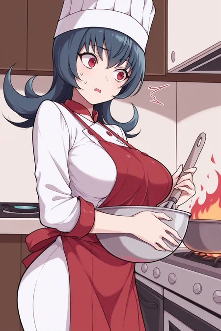 masterpiece, best quality, 1girl, solo, <lora:sabrina-illu-nvwls-v1-000006:1> hgsssab, dark blue hair, flipped hair, red eyes, large breasts, chef's hat, chef uniform, holding mixing bowl, apron, looking to the side, nervous, surprised, oven, stove, kitchen, fire