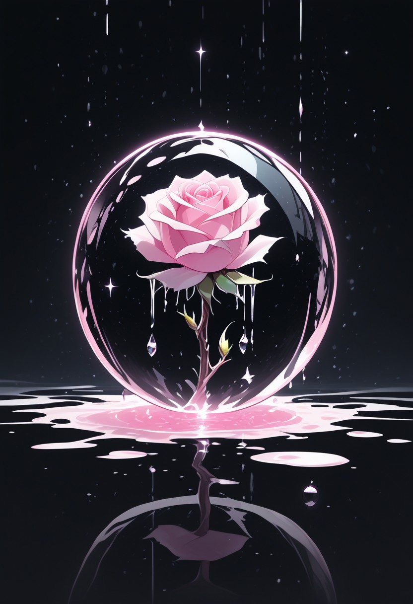 (masterpiece), best quality, Anime, Illustration, (Floating Sphere, Crystal, Magic, Reflection, Melting, Dripping, Pink Rose), Black Background, No Humans, Starry Theme, (Light Refraction), White and Pink Theme, Natural Lighting, Verynsty