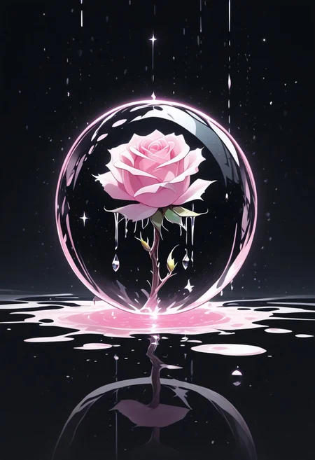 (masterpiece), best quality, Anime, Illustration, (Floating Sphere, Crystal, Magic, Reflection, Melting, Dripping, Pink Rose), Black Background, No Humans, Starry Theme, (Light Refraction), White and Pink Theme, Natural Lighting, Verynsty