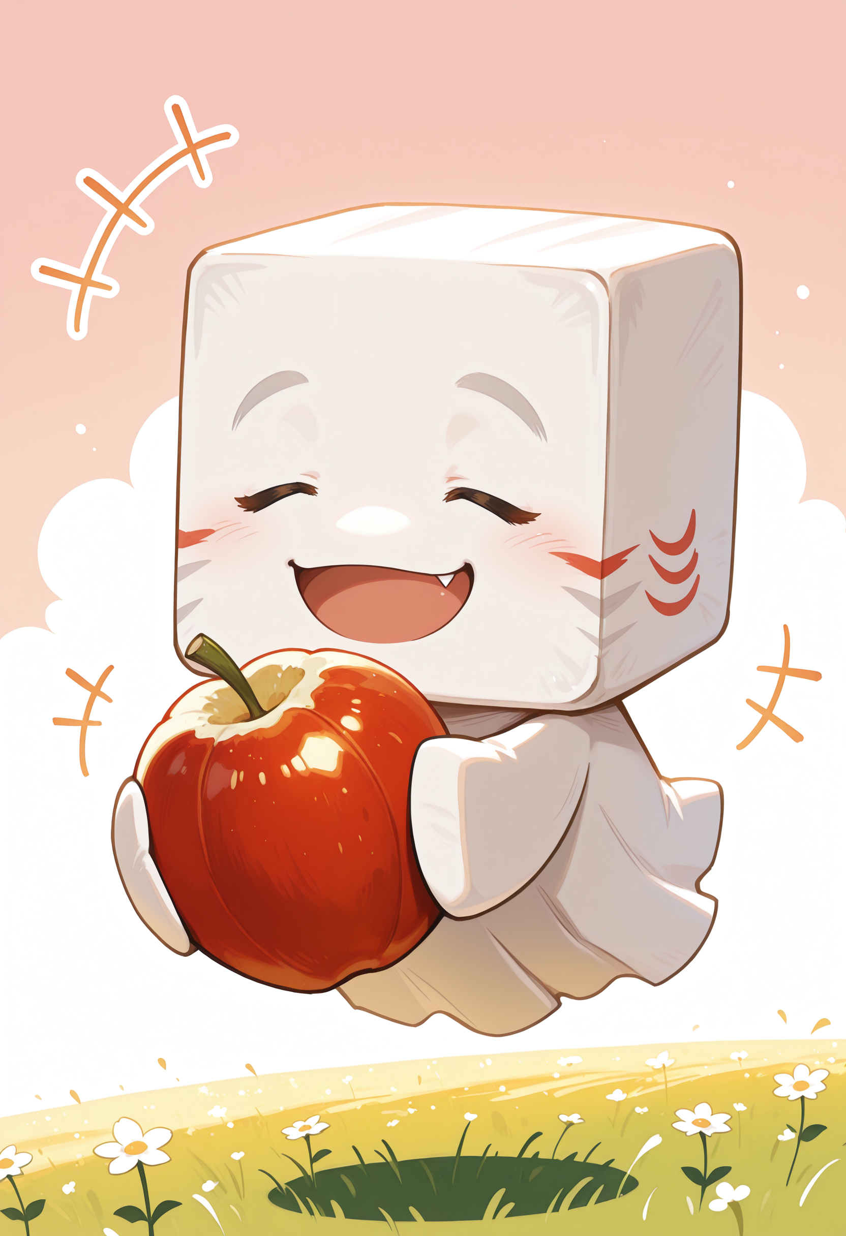 masterpiece,extreme detailed,field BREAK 1other,ghastling,closed eyes,no humans,smile,floating,<lora:happyghast-IL:1>,+++,holding fruit,eating,open mouth,fang,