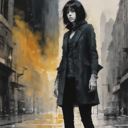 Charcoal and paint, impressionistic bidimensional a biracial goth girl, dressed in playful colours instead of black, superhero action pose by an eruption of spirits, watercolor (monet:1.2) dadaistic collage (by Bill Sienkiewicz:1.5), night city. Beautiful face. resplendent spotlight effect, alcohol and gold leaf highlights. Very detailed.