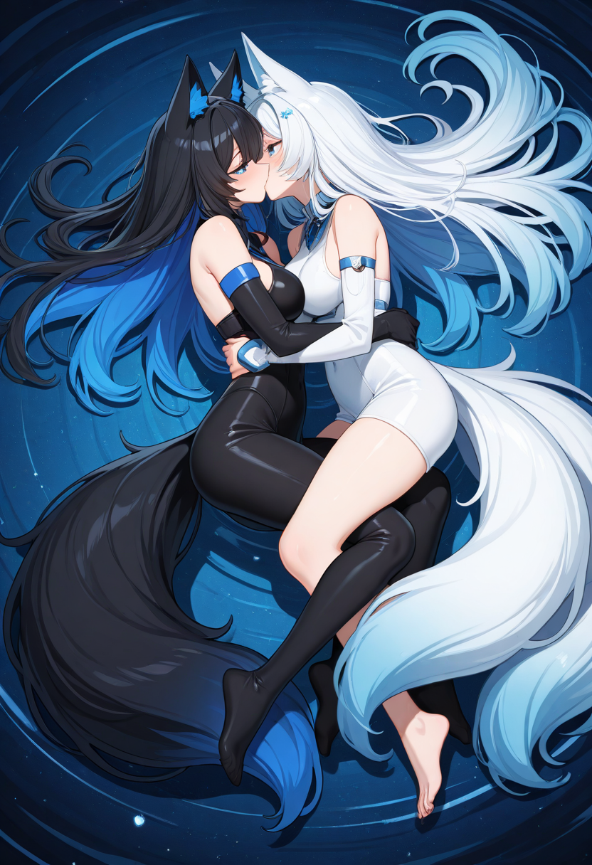 lazypos, animal ears, black with blue undertones hair, Sapphire eyes, full body from above, 2girls, yuri, kissing, tails entwined, kissing