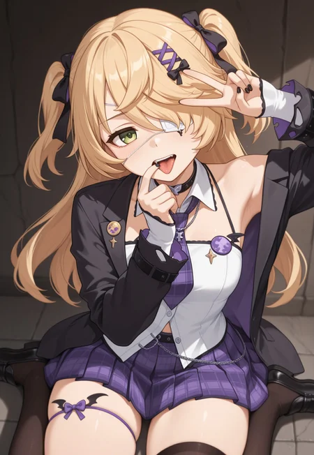 masterpiece, best quality, amazing quality, 

gcs_fischl, green eyes, white eyepatch, eyepatch, one eye covered, blonde hair, two side up, hair bow, black ribbon, x hair ornament, black nails, black jacket, open jacket, long sleeves, white shirt, purple skirt, purple necktie, black thighhighs, asymmetrical legwear, uneven legwear, thigh strap, collar, loafers, black footwear, bare shoulders, 

1girl, cowboy shot, hip focus, sitting, wariza, head tilt, looking at viewer, expressionless, open mouth, tongue out, hands up, (hand on own chin:1.5), v, (finger in mouth:1.5), armpits