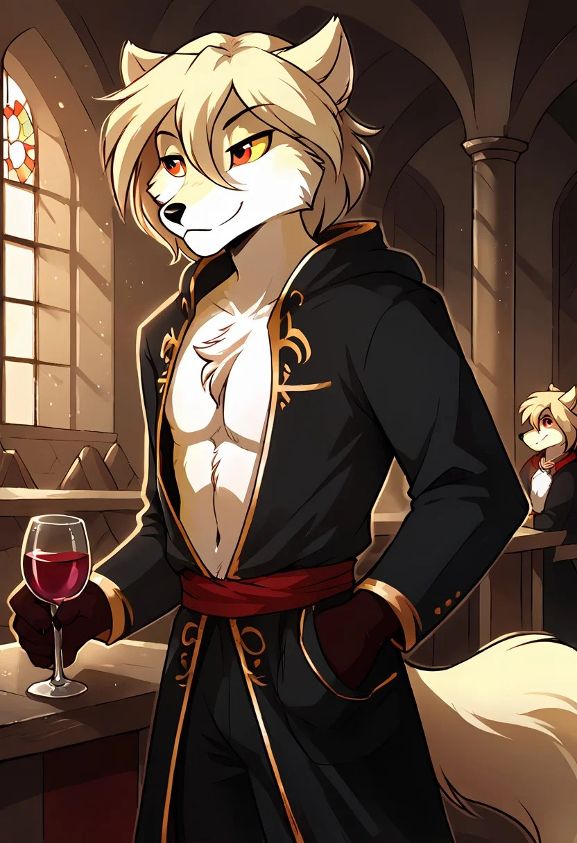 score_9, score_8_up, score_7_up,score_6_up,score_5_up, source_furry
BREAK
solo, furry male anthro, flat chest, (seductive), medieval red and black jacket with golden trim, (indoors, standing, palace), A glass of wine, a glass of wine in your hand
BREAK
<lora:Clovis-Twokinds-SDXL-AnonTK-V2:0.85>, clovis-twokinds, keidran, mammal, fox tail, red eyes, yellow sclera, <lora:p:0.35>