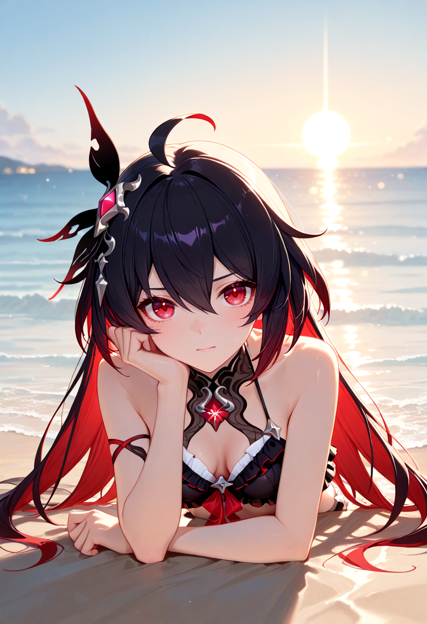 masterpiece, newest, absurdres, best quality, hires, 1girl, seele vollerei, red eyes, long hair, hair ornament, starchasm nyx \(honkai impact\), small breast, outdoors, beach, frilled bikini
