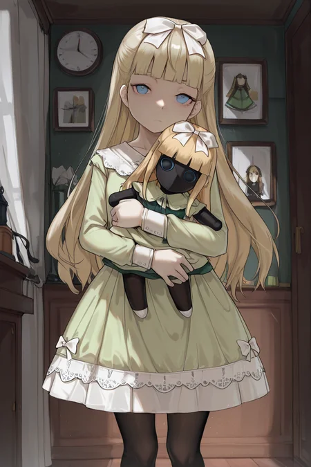 masterpiece, best quality, amazing quality,
 <lora:YB_IL:1> yb, 1girl, green dress, long hair, bow, solo, pantyhose, bangs, hair bow, blunt bangs, long sleeves, white bow, doll, holding, indoors, standing, looking at viewer, blonde hair, black pantyhose, blue eyes,