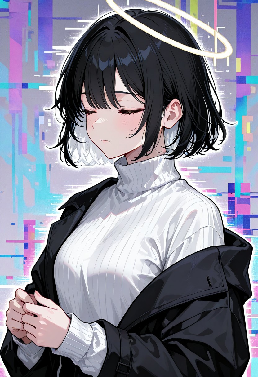 d_up, 1girl, black hair, short hair, closed eyes, white hair, multicolored hair, medium hair, shirt, turtleneck, sweater, long sleeves, turtleneck sweater, jacket, glitch, upper body, abstract background, white shirt, halo