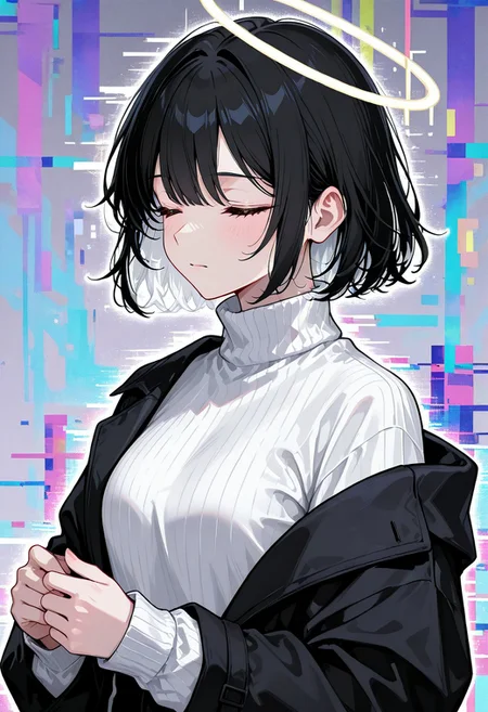 d_up, 1girl, black hair, short hair, closed eyes, white hair, multicolored hair, medium hair, shirt, turtleneck, sweater, long sleeves, turtleneck sweater, jacket, glitch, upper body, abstract background, white shirt, halo