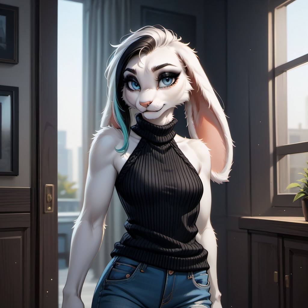 digital_media_(artwork) hi_res, score_9, score_8_up, score_7_up, score_6_up, score_5_up, score_4_up, rating_safe, beautiful, intricate, high quality details, highly detailed, amazing quality, anthro, furry, female, detailed textured fur, fur tufts, fluffy,  cute, small, detailed sexy eyes, solo, SFW, rabbit, lop ears, expressive, sassy, long sleeveless halter neck sweater, baggy denim pants, clothed slim, clothed slender, clothed skinny, multicolored hair, streaked hair, absurdres, highres, goth, heavy eyeliner, heavy eye shadow, breasts,