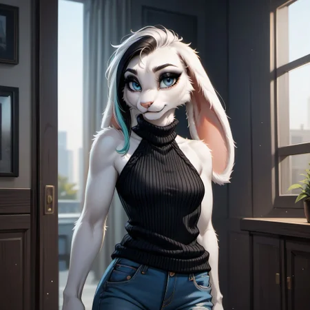 digital_media_(artwork) hi_res, score_9, score_8_up, score_7_up, score_6_up, score_5_up, score_4_up, rating_safe, beautiful, intricate, high quality details, highly detailed, amazing quality, anthro, furry, female, detailed textured fur, fur tufts, fluffy,  cute, small, detailed sexy eyes, solo, SFW, rabbit, lop ears, expressive, sassy, long sleeveless halter neck sweater, baggy denim pants, clothed slim, clothed slender, clothed skinny, multicolored hair, streaked hair, absurdres, highres, goth, heavy eyeliner, heavy eye shadow, breasts,