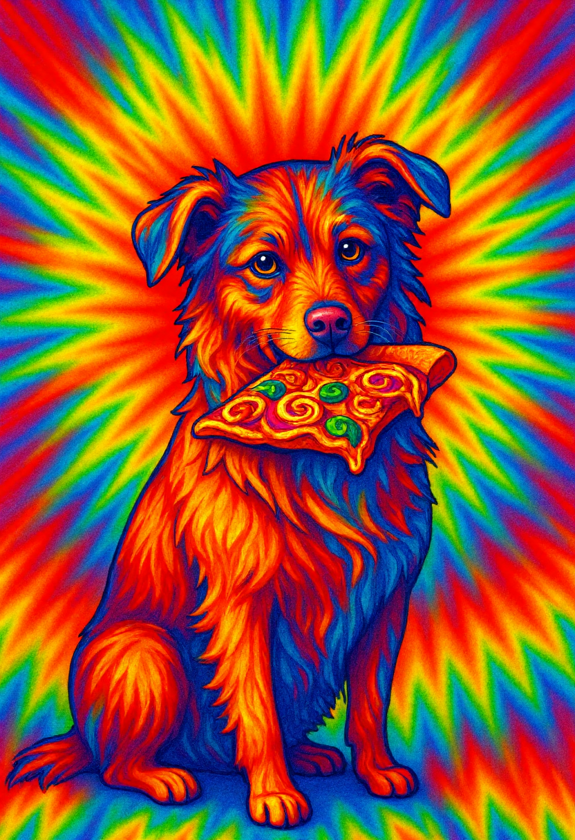 <lora:Tie_Dye_Style_FLUX-000015:1>
This is a vibrant, psychedelic digital drawing of a dog eating pizza rendered in a swirling pattern reminiscent of tie-dye artwork.