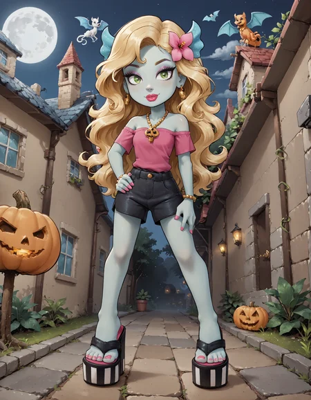 score_9, score_8_up, score_7_up, score_6_up, source_anime,
halloween scene, 
foot focus,
1girl,
zzLagoona, green eyes, blonde hair, blue hair, hair ornament, long hair, blue skin, pink shirt, makeup, jewelry, lipstick, necklace, bracelet, eyeshadow, flower, black shorts
standing, feet apart,
dungeon, night dark, fog,
ï»¿lag00na platform flip flops, (platform footwear:1.1), pink toenail polish,
embedding:zPDXLrl ,
embedding:zPDXL2 ,