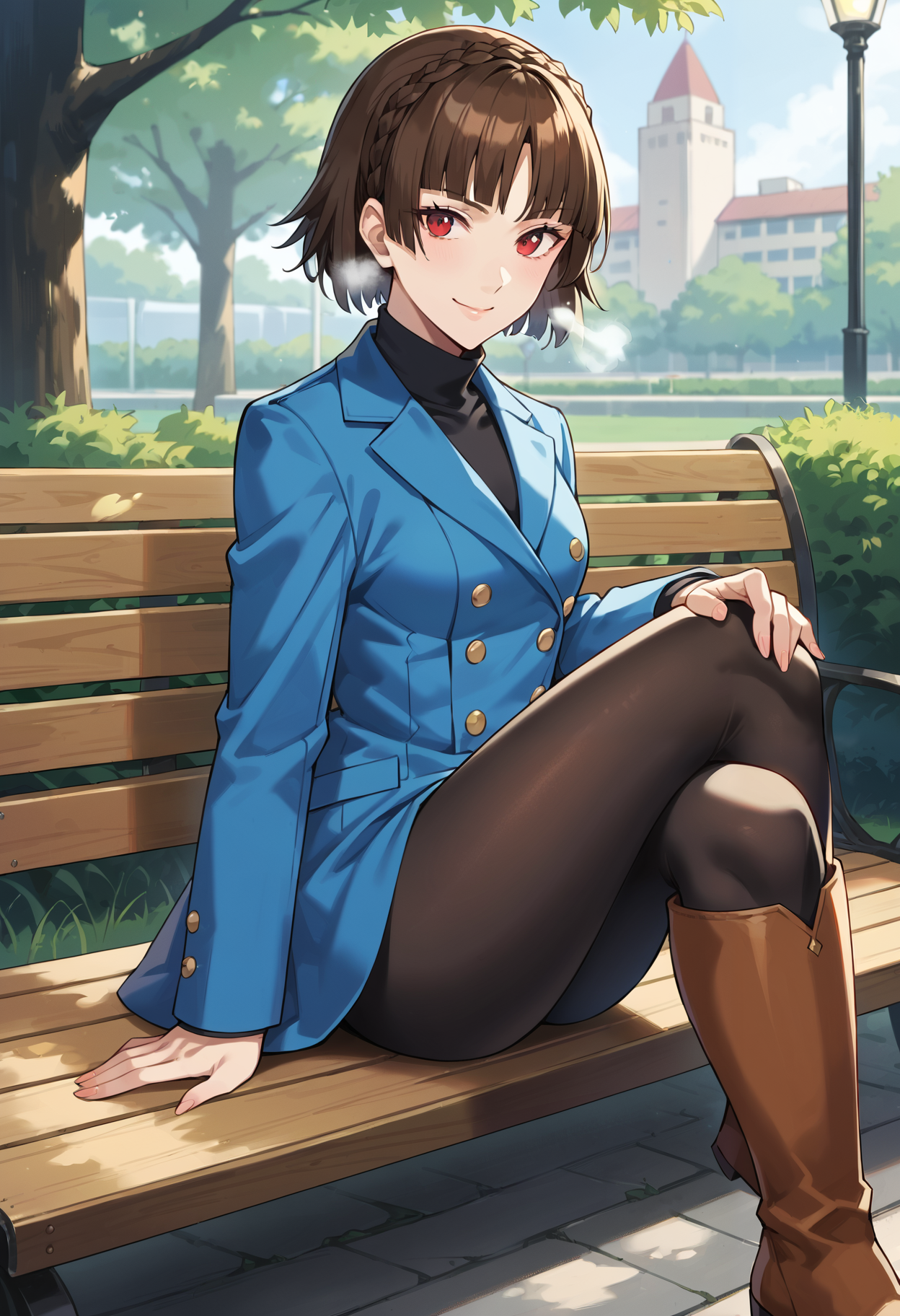 score_9, score_8_up, source_anime
1 girl, solo,
p5makoto, niijima makoto, brown hair, blunt bangs, crown braid, red eyes,
p5makoto-wintercas, black turtleneck, blue jacket, double-breasted jacket, gold buttons, black pants, pantyhose, knee boots, brown boots,
outside, park, trees, bench, foggy breath, sitting, legs crossed, smile, looking at viewer, side view,
masterpiece, best quality, ultra detailed,