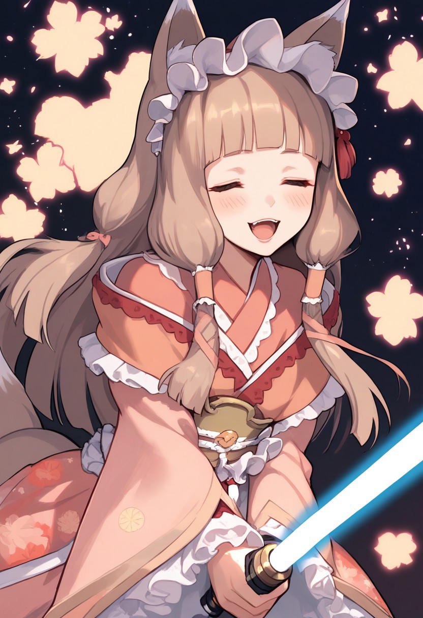 score_9, score_8_up, score_7_up, score_6_up, score_5_up, score_4_up, source_anime, 1girl, solo, (lips:0.9), maho normal, maho (princess connect!), animal ears, animal ear fluff, bangs, fox ears, frills, green eyes, kimono, long hair, fox girl, frilled hairband, blush, blunt bangs, hairband, pink kimono, wide sleeves, frilled sleeves, sidelocks, long sleeves, brown hair, fox tail, floral print, very long hair, bow, hair tubes, dress, light brown hair,  pink dress, obi, sash, frilled ribbon, lolita_fashion, sleeves past wrists, hime cut, laughing, cowboy shot, closed eyes, heart_in_mouth, XD, holding red lightsaber, lightsaber in front of face, starry background, dark background,