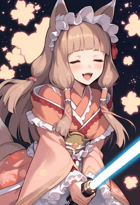 score_9, score_8_up, score_7_up, score_6_up, score_5_up, score_4_up, source_anime, 1girl, solo, (lips:0.9), maho normal, maho (princess connect!), animal ears, animal ear fluff, bangs, fox ears, frills, green eyes, kimono, long hair, fox girl, frilled hairband, blush, blunt bangs, hairband, pink kimono, wide sleeves, frilled sleeves, sidelocks, long sleeves, brown hair, fox tail, floral print, very long hair, bow, hair tubes, dress, light brown hair, pink dress, obi, sash, frilled ribbon, lolita_fashion, sleeves past wrists, hime cut, laughing, cowboy shot, closed eyes, heart_in_mouth, XD, holding red lightsaber, lightsaber in front of face, starry background, dark background,