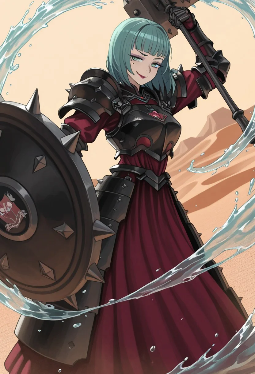source_vanillaware,
sideview, dutch angle,
1girl, solo,
AlcinaIL, Alcina Unicorn Overlord, milf,
cyan eyes, mole under eye, aqua hair, medium hair, chopped bangs, purple eyeshadow, dark red lipstick,
dark armor, armored dress, spiky armor, 
black pauldrons, black breastplate, black gauntlets, red dress,
steel hammer, swinging weapon,
smug, looking at viewer,
spiked shield, shield on arm,
water magic, water splash, water particles,
desert background,