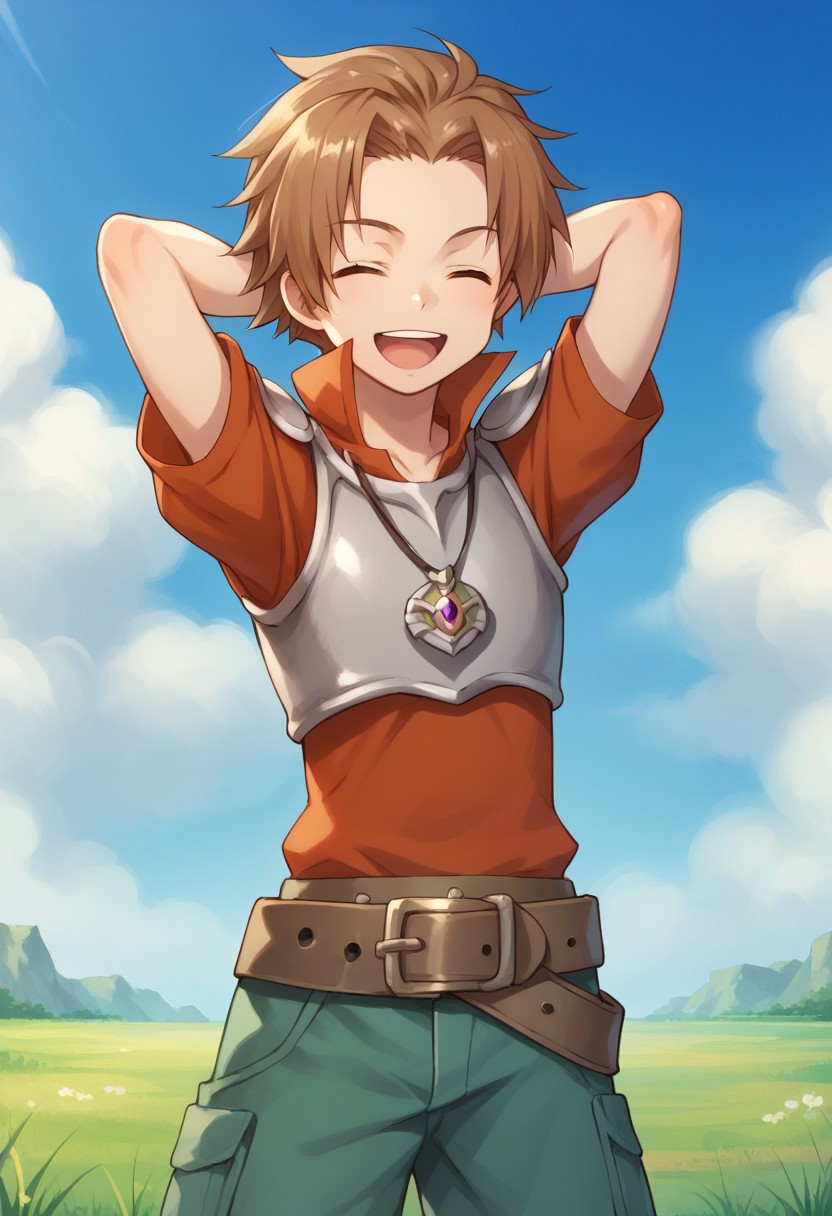score_9, score_8_up, score_7_up, source_anime, highly detailed, 
albafru, 1boy, solo, male focus, brown hair, closed eyes, open mouth, armor, shorts, belt, jewelry, smile, upper body, hands behind head,
outdoor, sky, clouds,
