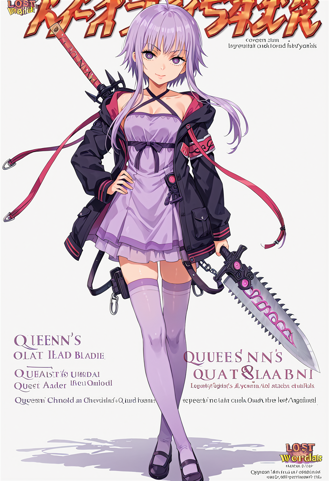 <lora:1_QB_Title_PONY_V1:1>(qb_title:1.2), (Title logo:1.2), Title Text,  cover,  zoom layer, Multi-layer, character name, author name, copyright name, watermark, simple background, white background, book cover,  game cover,
1girl, solo, (full body), long shot, afterimage, look at viewer,
weapon, armor,
((Chainsaw, purple chainsaw,))
<lora:YuzukiYukari_MMD_V1:0.7> yuzuki yukari, purple eyes, short hair with long locks, purple hair, hair ornament,
black criss-cross halter, purple dress, purple thighhighs, black jacket, hooded jacket, long sleeves,
(nsfw:1), (Uncensored:1), score_9, score_8_up, score_7_up, score_6_up, score_5_up, score_4_up,