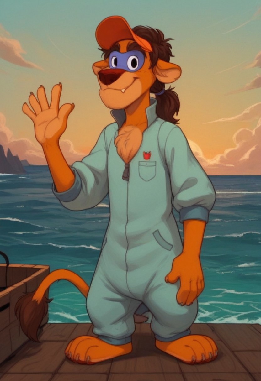 score_7, score_8, score_9, dynamic lighting, detailed background, background is ship dock, dock, (stacked crates), ((ocean)), boats, mountains in distance, ((outdoors)), clouds, sunny, (close up), cowboy shot,
BREAK 
Solo, 1boy, ((anthropomorphic)), furry male, Wildcat, yellow fur, two tone fur, brown hair, hair in ponytail, animal nose, black eyes, slender, animal ears, yellow ears, (yellow tail), feet claws, snaggle tooth, eye mask, fluffy fur, fluffy eyebrows, (fang), chest fur tuft,
BREAK 
standing, looking at viewer, smiling, jumpsuit, hat, waving,